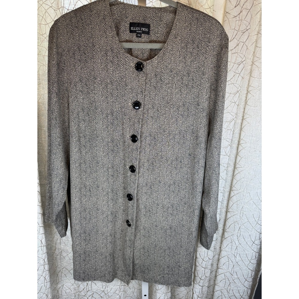 Vintage Ellen Figg‎ Woman Longline Button-Up Shirt 18W Black & Cream Herringbone